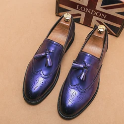 HKDQ Elegant Tassels Patent Leather Shoes Man Original Casual Slip-on Men's Loafers Fashion Purple Brogue Dress Shoes For Men