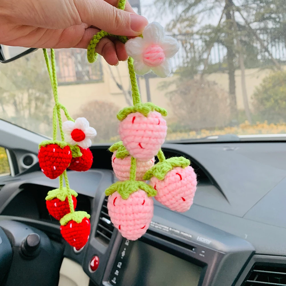 Cute Strawberry Flower Car Accessories Mirror Hanging Charm Decor Fruit Teens Interior Rear View Mirror Decoration Parts