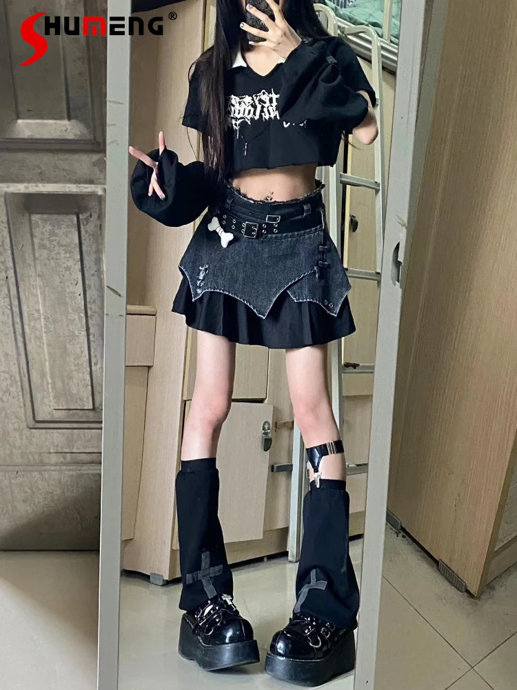 Japanese Street Subculture Y2K Hot Girl Short Sleeve V-neck Crop Top High Waist Denim Patchwork Black Short Skirts for Women