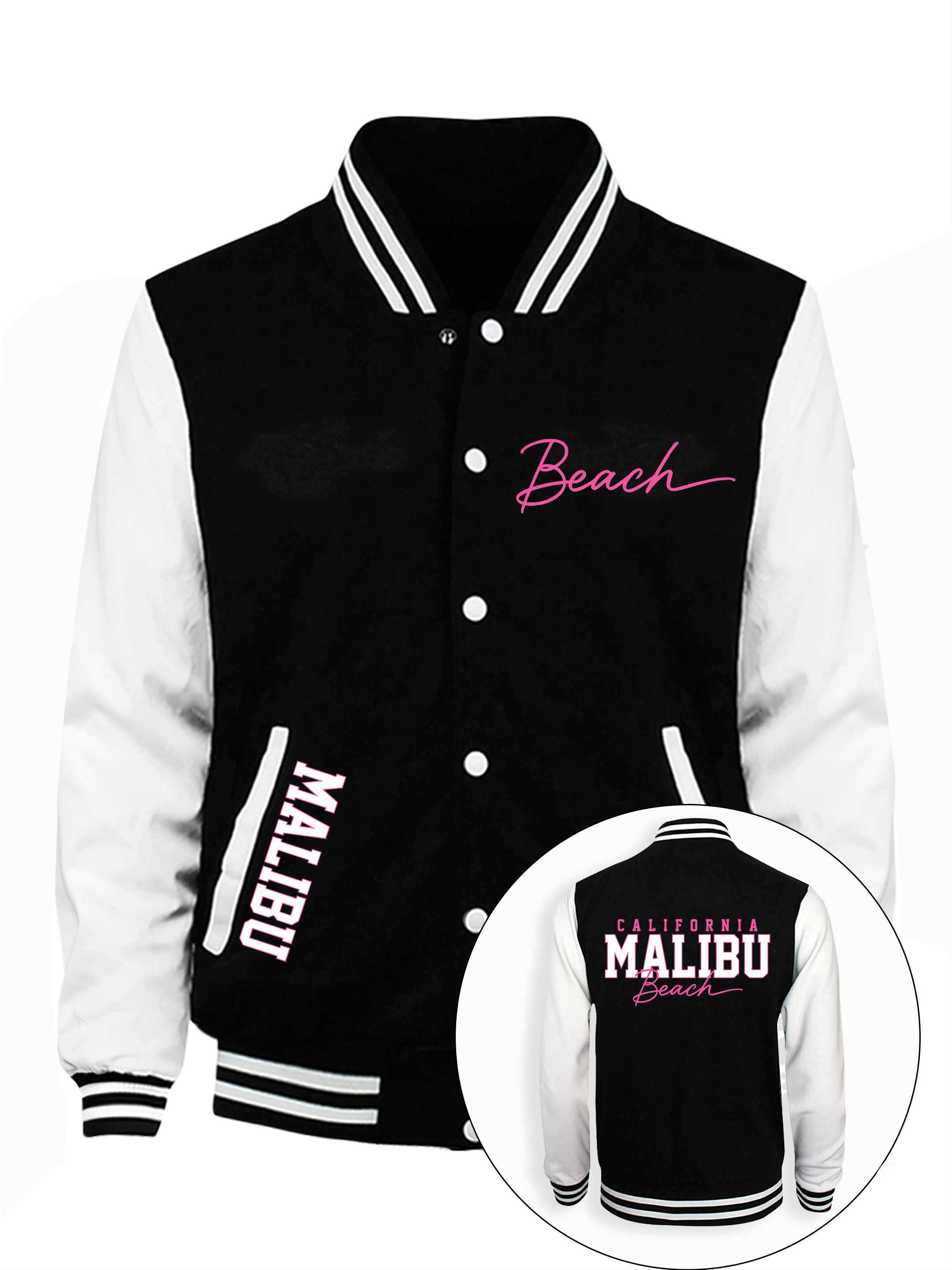 

California Malibu Beach Print Male Jacket All-Match Fleece Baseball Jersey Vintage Casual Clothes Autumn Warm Loose Mens Coat