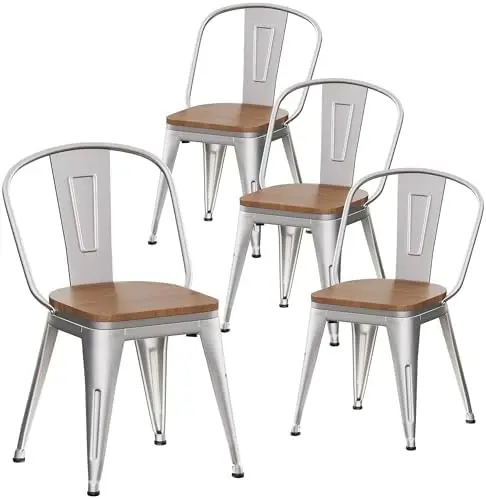 طقم كراسي طعام معدنية مقاس 18 بوصة مكون من 4 قطع، كراسي مزرعة حديدية عالية الظهر، قابلة للتكديس الصناعي، مقعد خشبي - فضي