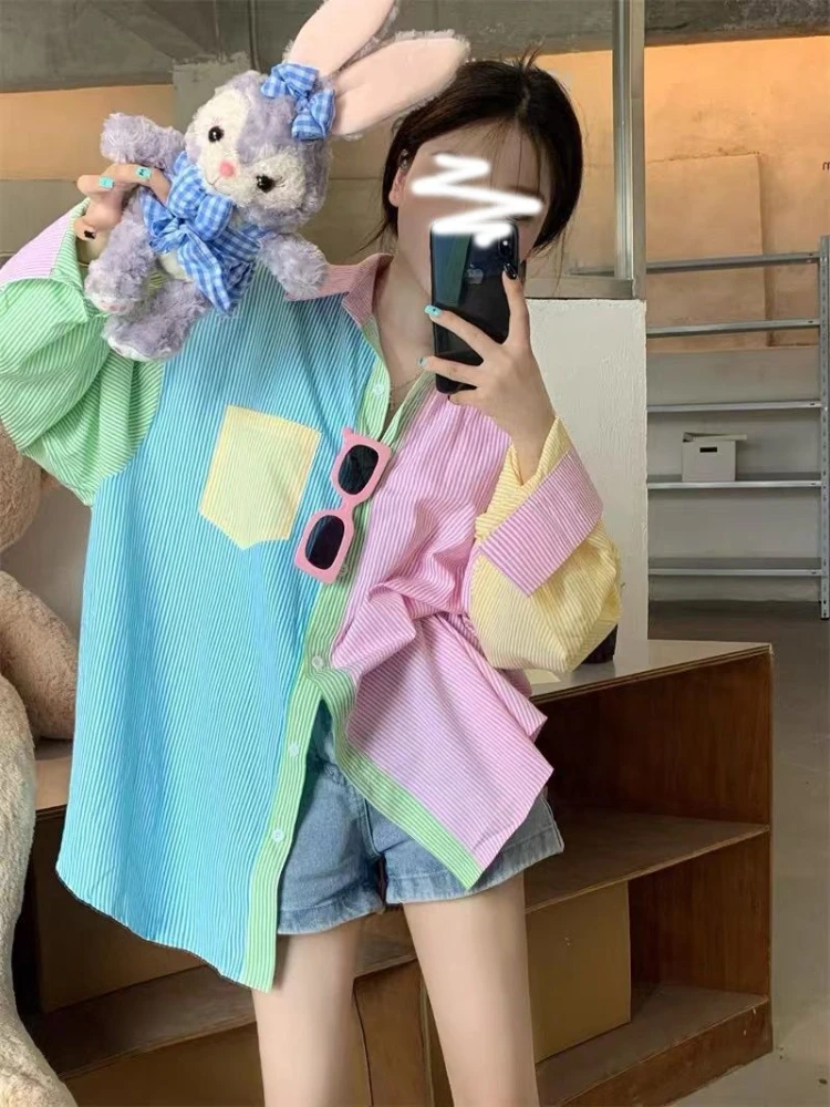 Multiple Candy Colors Patchwork Shirts Women Holiday Kawaii Long Sleeve Cute Girl Baggy Sun-proof Casual All-match Mujer Blusas