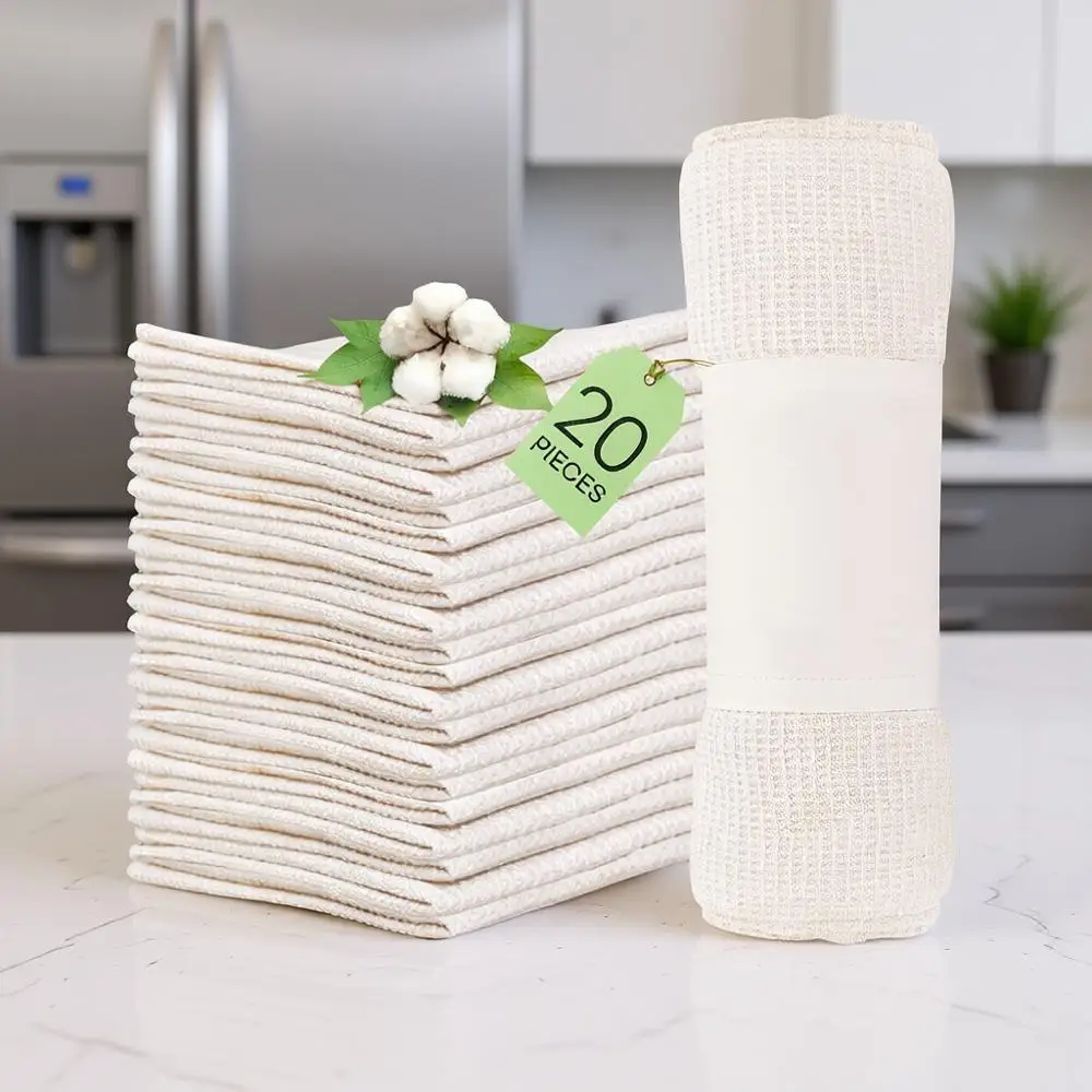 

20 Pack Reusable Washable Paper Towels - Super Absorbent Natural Cotton Cloths - 100% Organic Dish Towels