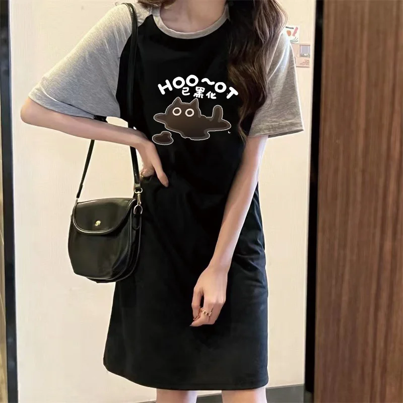 Sommer Japanische Beliebte Cartoon Nettes Kätzchen Lose Rundhals Kurzarm Kleid frauen Tragen