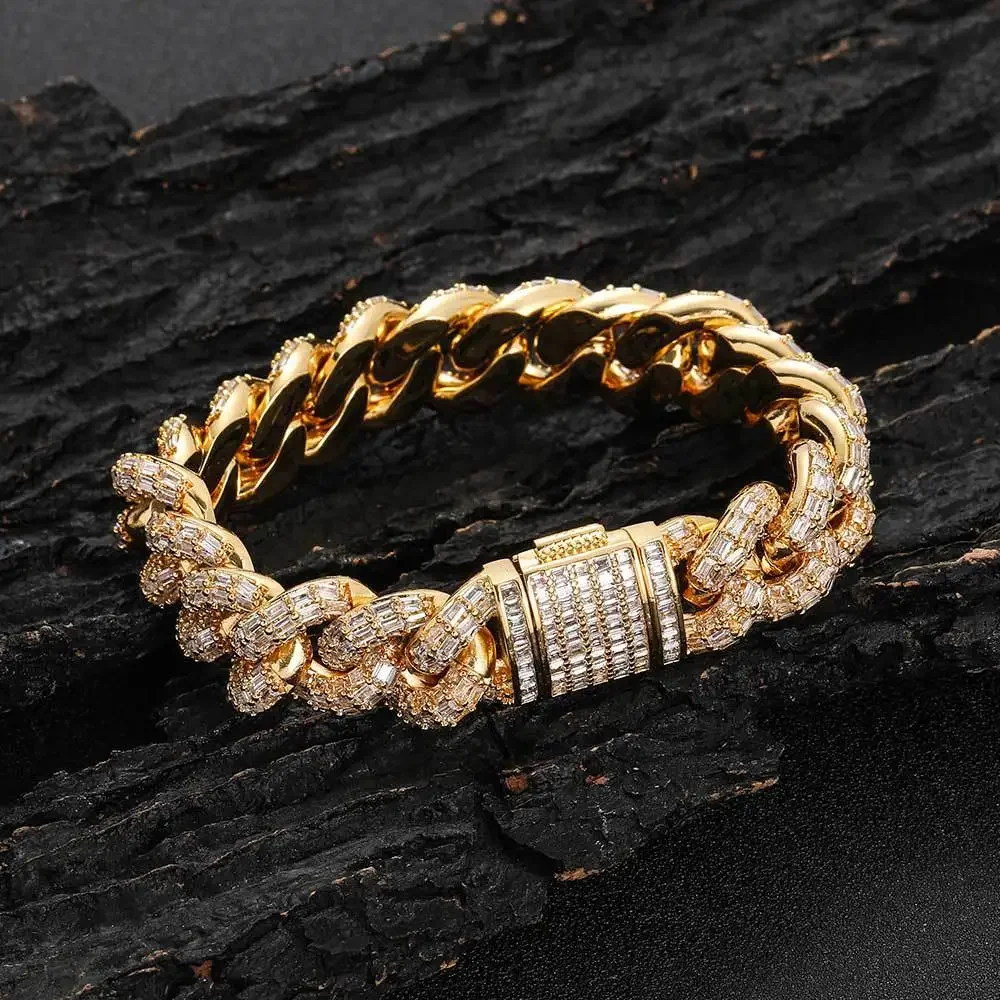 

Gold Cuban Link Bracelet Mens Hip Hop Jewelry 15mm Three Rows T Square Zircon Fashion Necklace