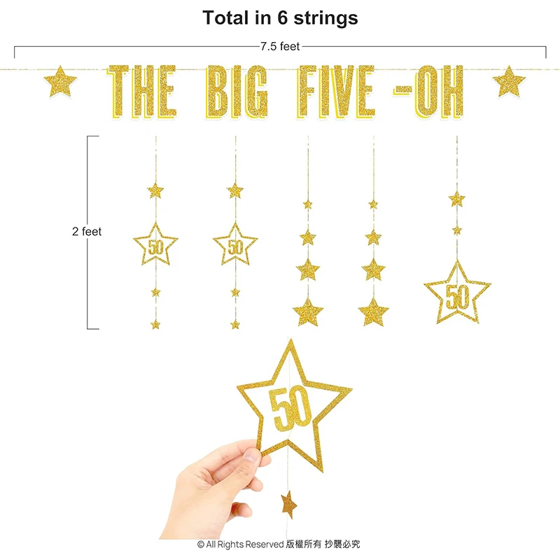 Glitter Gold Happy Birthday 50th Paper Star Banner 50th Birthday Party Bunting Decoration Fifty Streamer Garland Wall background