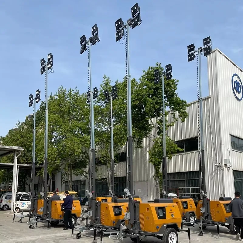 5m-7m Hydraulic Lift Emergency Light Tower Diesel Powered Genset White Emitting LED Lamp Trailer Portable Flood Light Plant