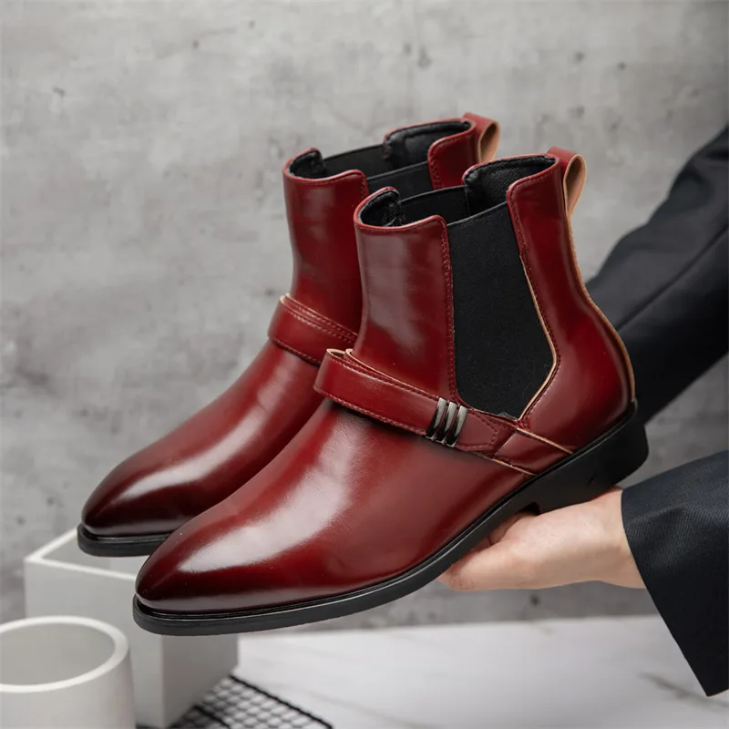 

Red Leather Chelsea Boots Men Large Size 45 46 Slip-On Ankle Boots Man Pointed-Toe High Top Men's Dress Shoes zapatos de hombre