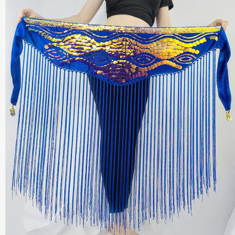 Sequins Hip Scarf for Belly Dance Folk Dancing Halloween Costume Tribal Long Tassel Dancewear Wrap Belt Skir Waist Chain Suit