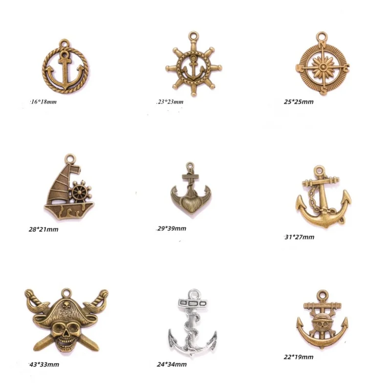 10Pcs Antique Silver Bronze Plated Ocean Anchor Pirate Rudder Fish Hook Charms Nautical Pendants For Diy Jewelry Making Findings