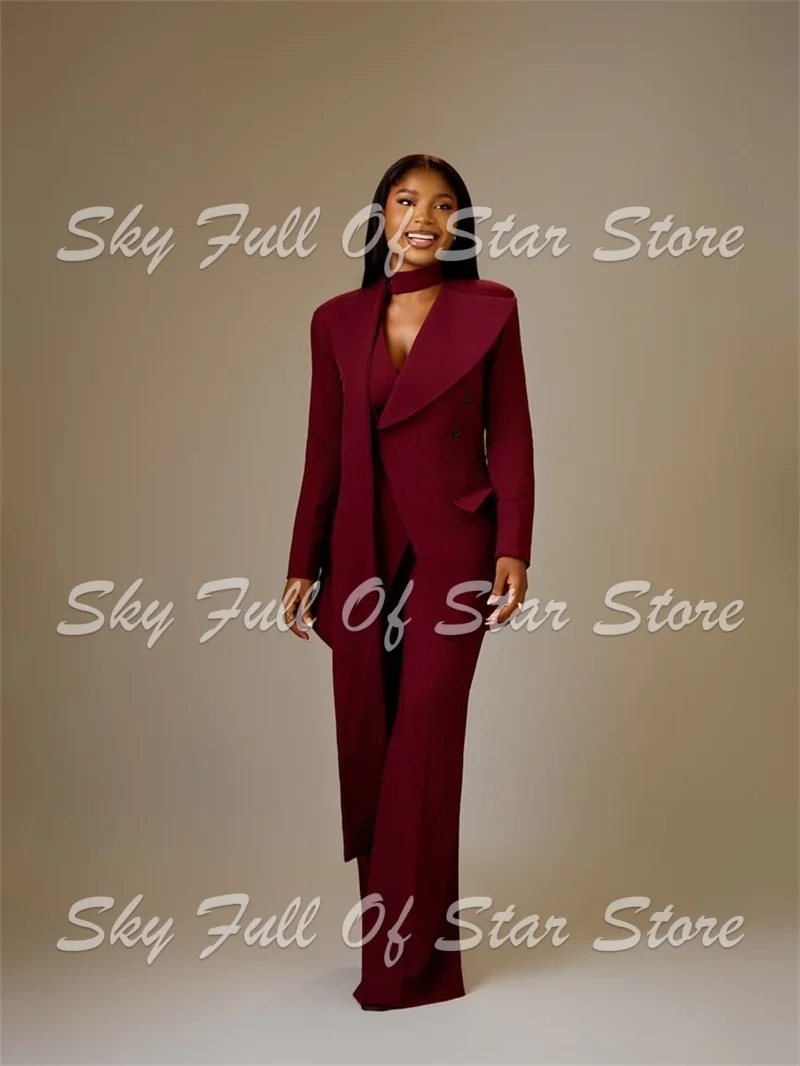 Burgundy Women Suit Set 2 Pcs Lapel Blazer With Neck Tie & Wide Leg Pants Custom Formal Office Evening Wedding Guest Lady Coat