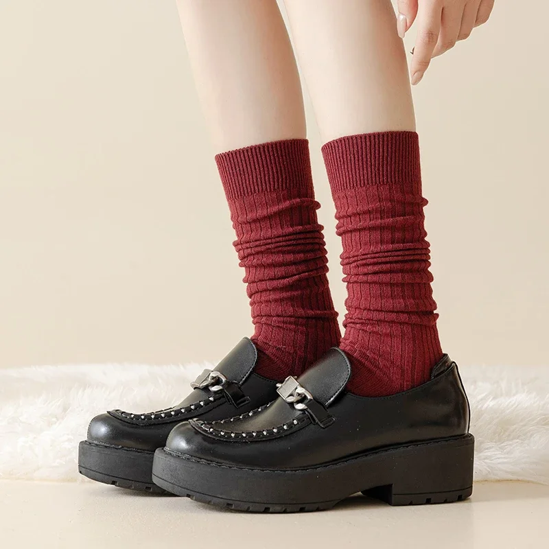 Trendy Women's Stockings New Japanese Style Solid Color Simple Red Long Women Socks Striped Fashion Korean Knee High Socks Wool