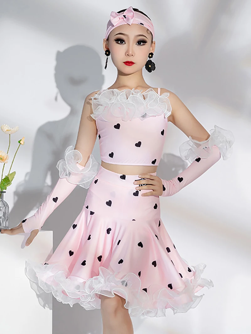 

Children Love Print Latin Dance Dress Girls Kids Summer Sleeveless Backless Competition Dancewear Training Performance Costume