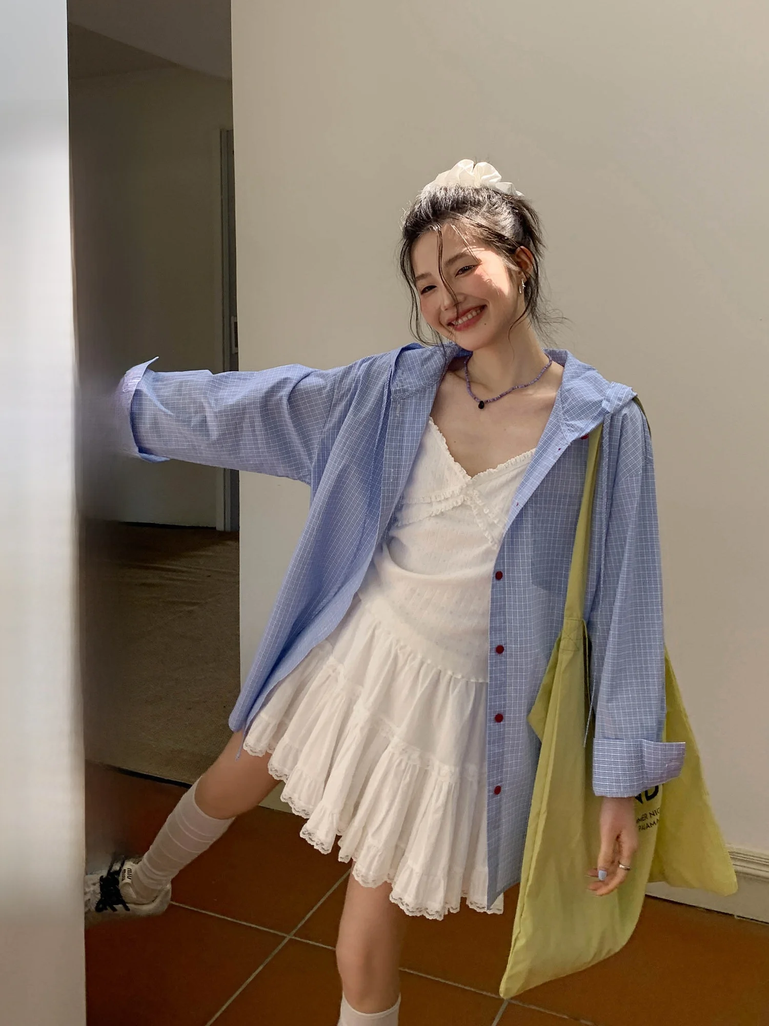 

Blue Plaid Long Sleeve Hooded Shirt Women's Summer New Design Casual Style Breathable Comfortable Loose Fit Button up Top