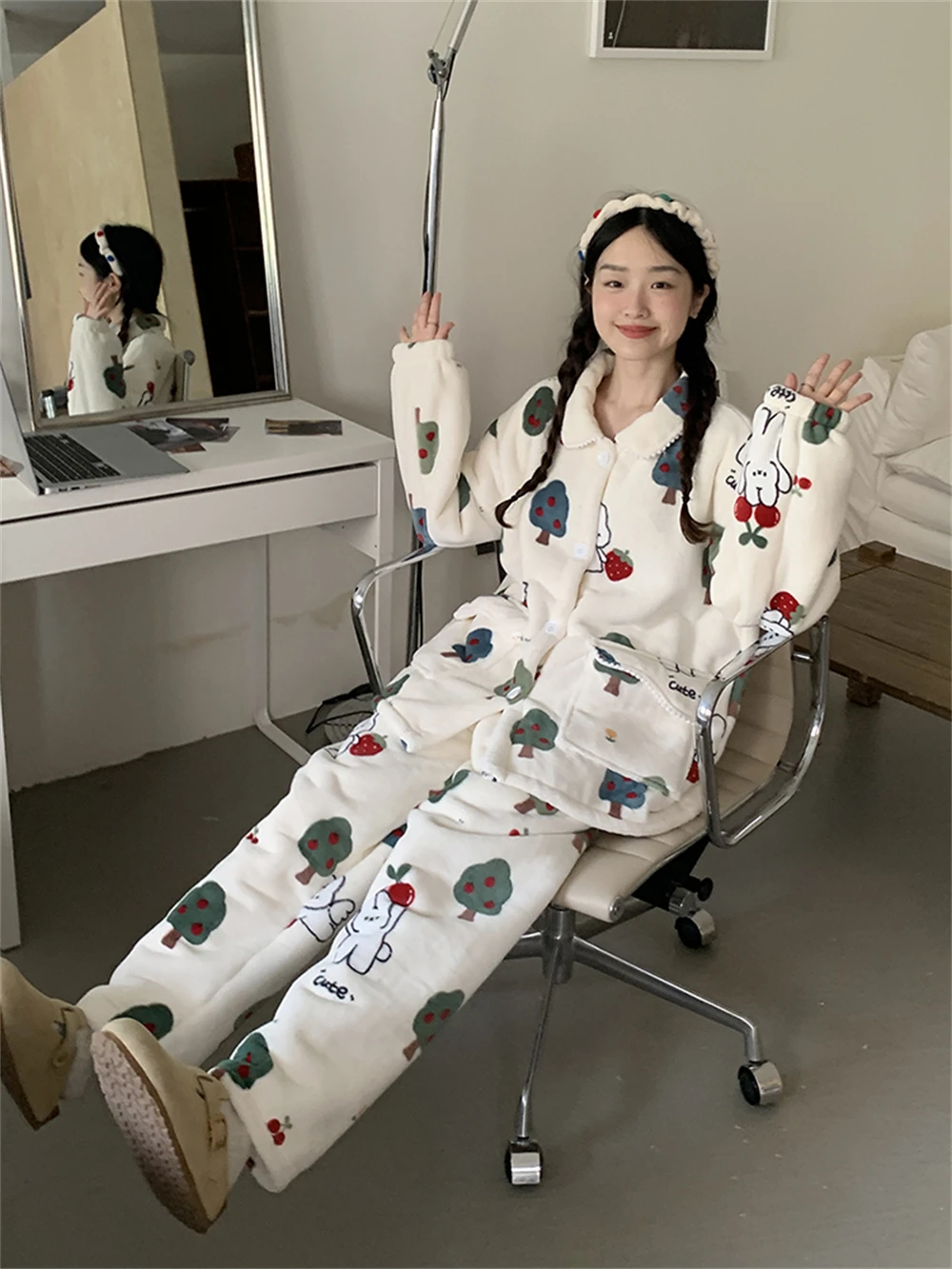 Women's Casual Sleepwear Set, Japanese Loose Fit, Warm, Home Furnishing, Autumn and Winter Wear, New, 2 Pcs, 2023