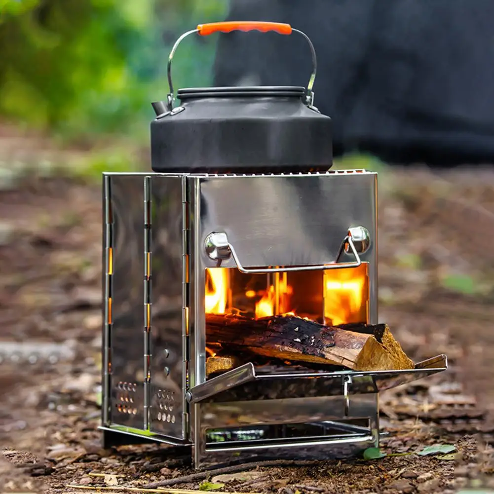 Tragbarer Holzofen aus Edelstahl, Faltbarer Camping- und Wanderspeicherofen mit Aschebehälter für Outdoor-Kochen und BBQ