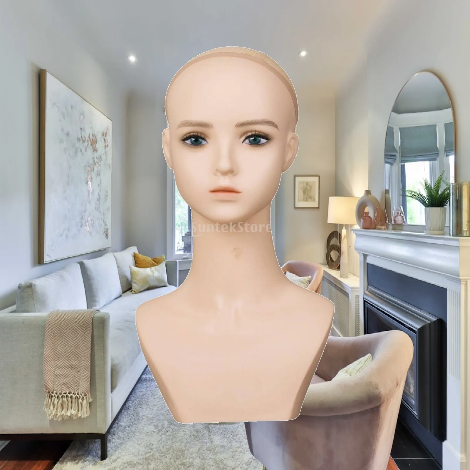 Realistic Female Mannequin Head with Upper Chest for Hairpiece Hat Scarf Display Sturdy PVC Countertop Boutique Decor Stand