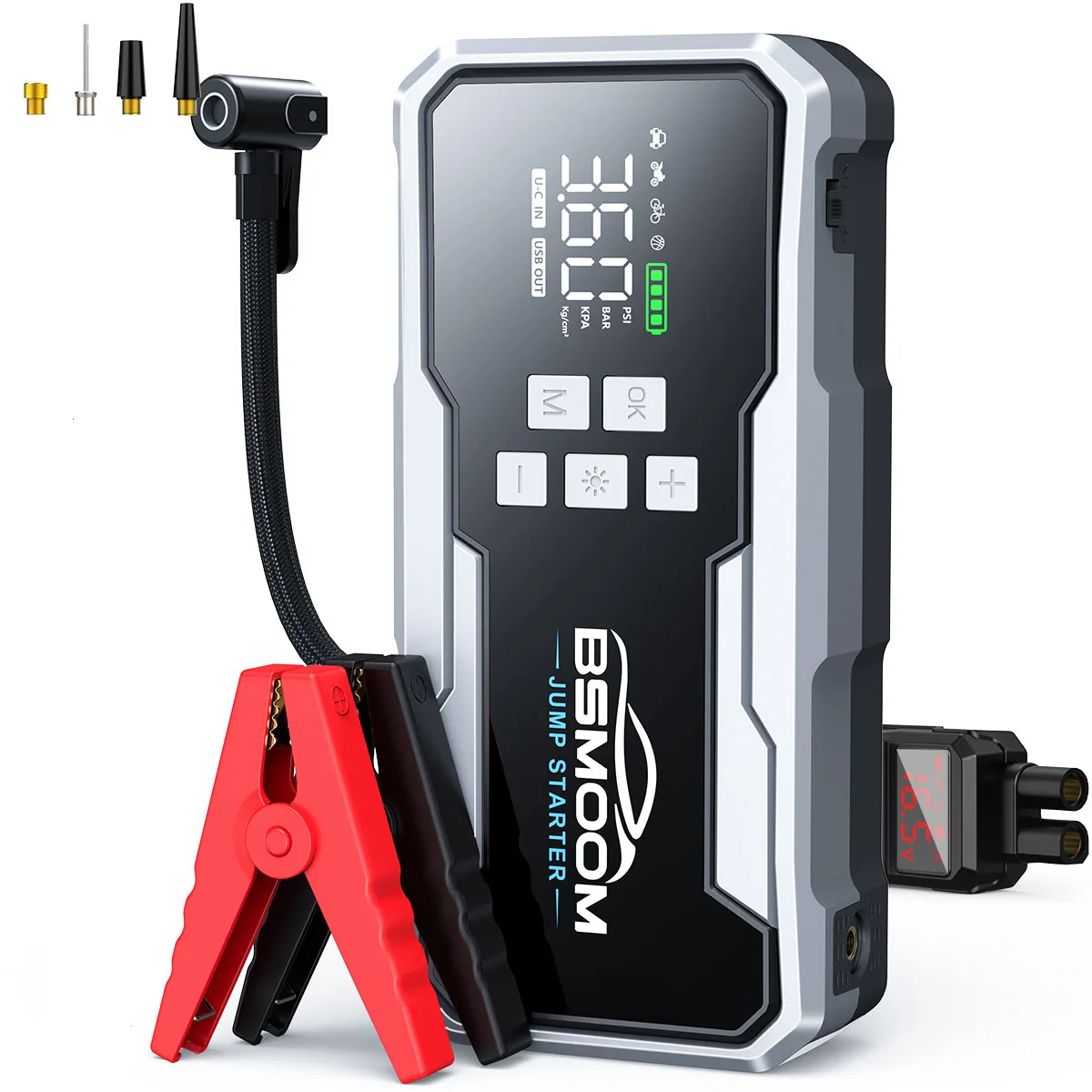 Arrancador de emergencia para coche, compresor de aire portátil, manómetro digital de presión de neumáticos 150 psi, batería integrada de alta capacidad 21800 mAh/mAh-Compatible con motores de gasolina y diésel, lámpara LED de 3 modos, presión de neumáticos