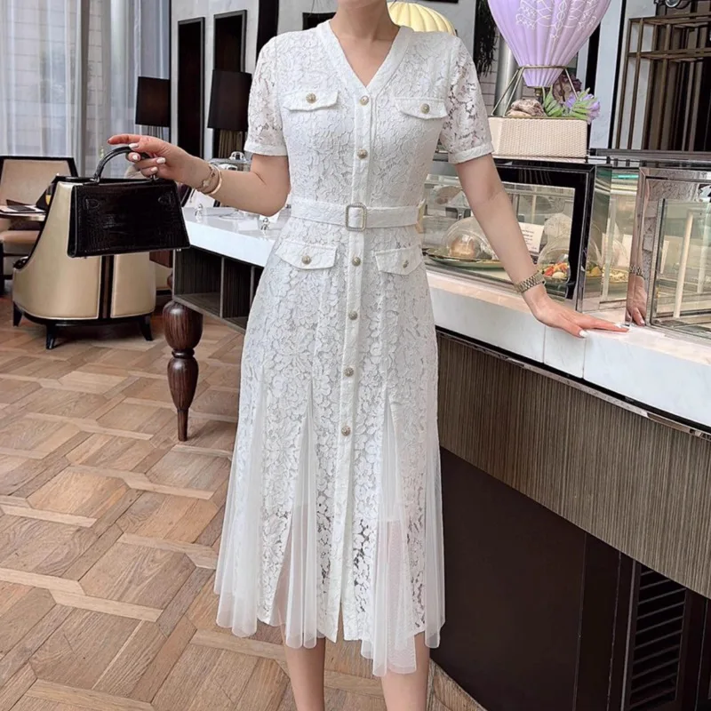 

New Elegant White Lace Dress Bodycon with Sashes Streetwear V-neck Clothing Lady Single-breasted Patchwork Women Dress Party