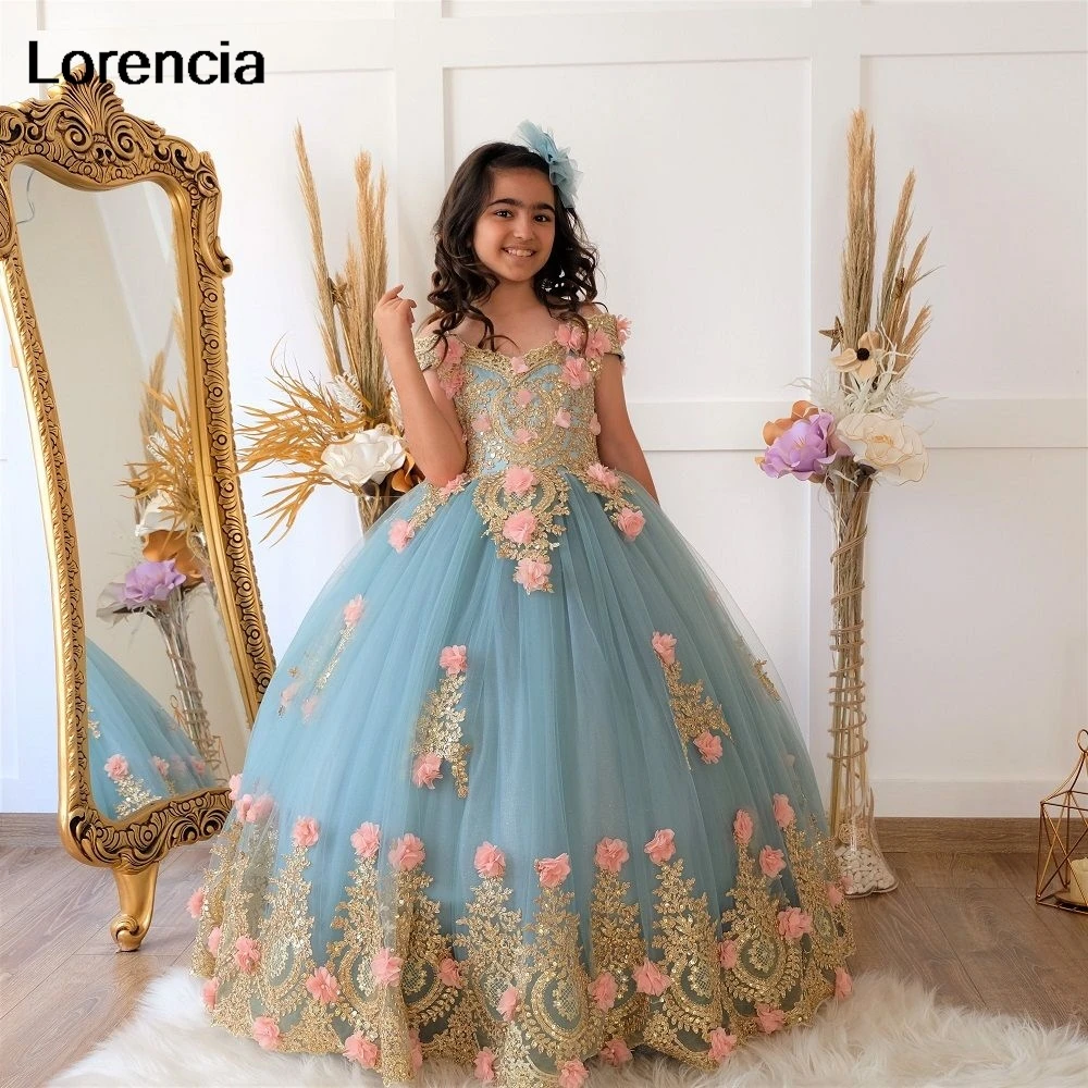 

Lorencia Lovely Flower Girl Dress For Weddings Gold Lace Flowers Applique Beads Little Kids Pageant Gown Quinceanera Dress YFD71