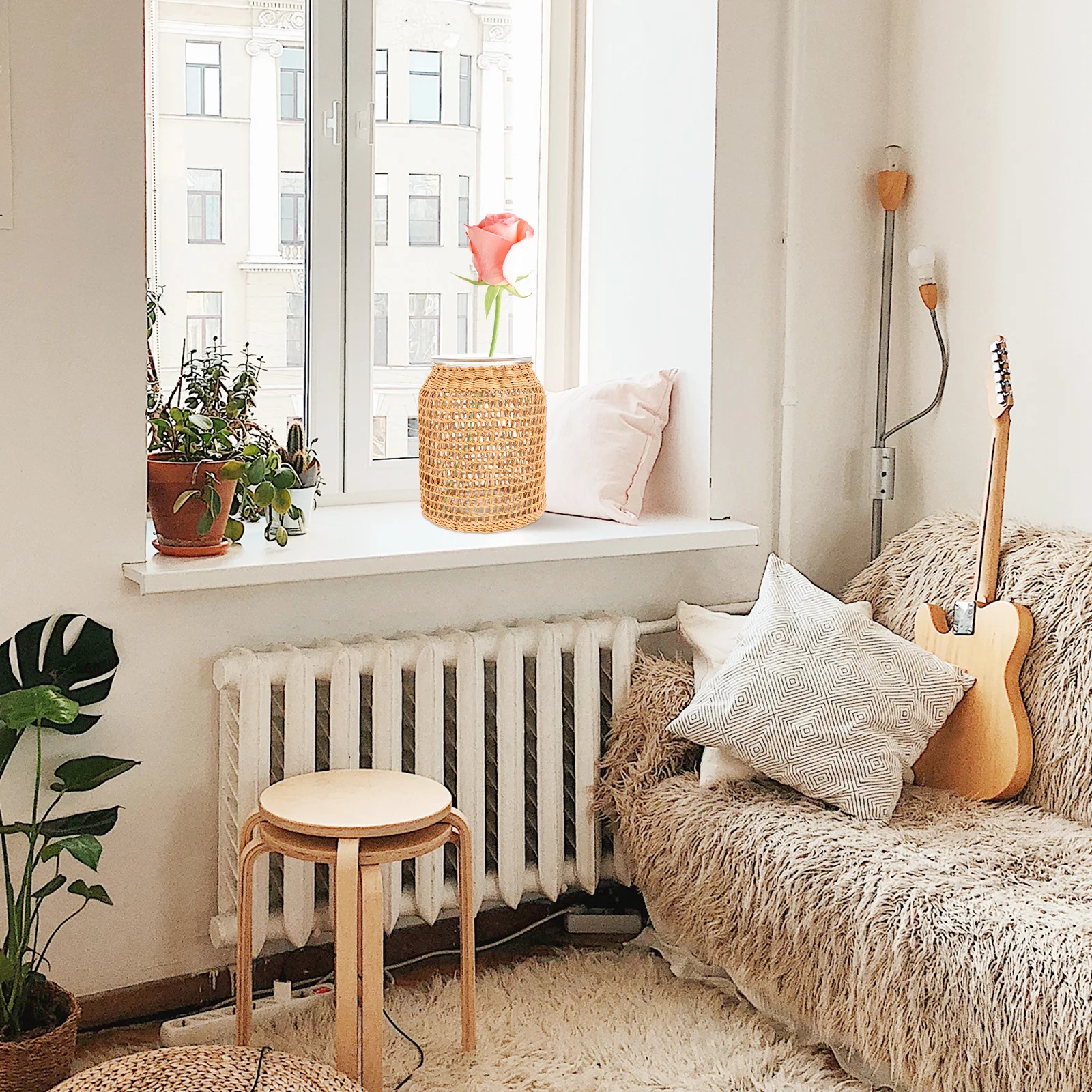 

1Pcs Grass Woven Glass Vase Decorative Flower Vessel Chic Desktop Adornment Home Office Living Room Material Stable Flat