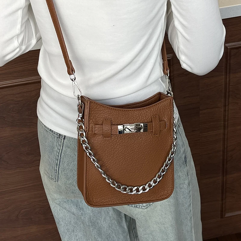 

Spring Summer Women's Crossbody Bag Soft Leather Buet Phone Pouch Brown Magnetic Bule Closure Vertical ape Pure Color