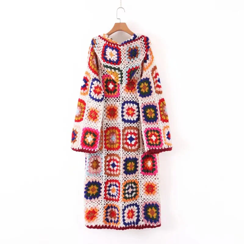 KEYANKETIAN Autumn/Winter New Thick Line Hollowed-Out Hook Plaid Knit Cardigan Women Bohemian Long Hooded Handmade Sweater