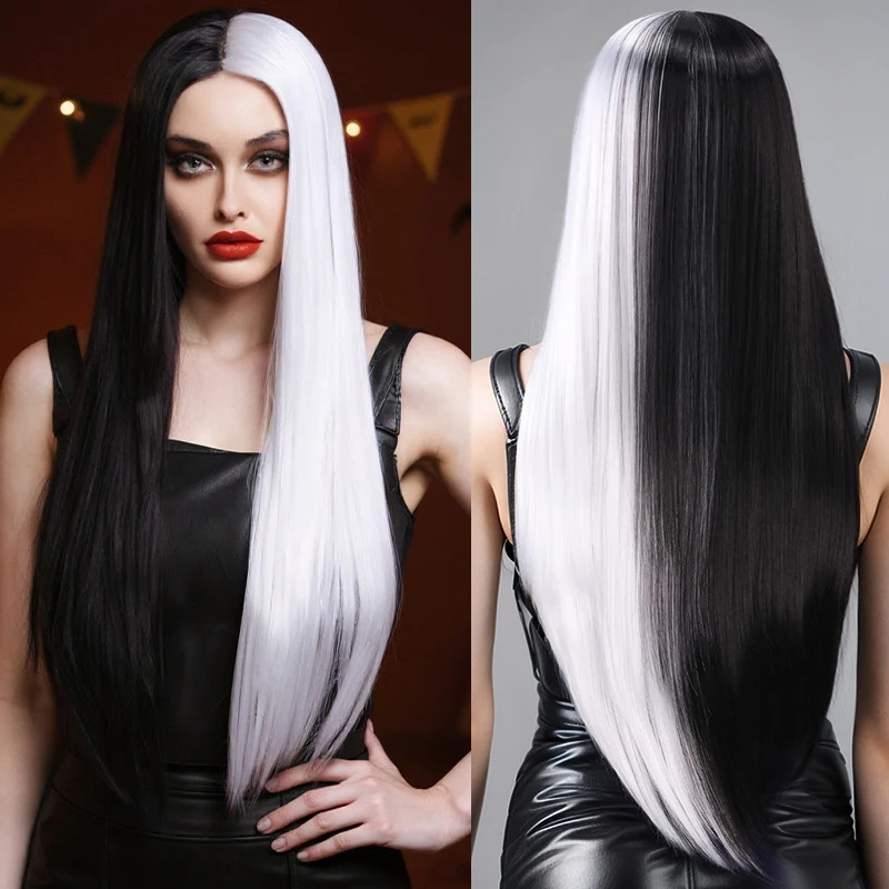 European American black and white two-tone middle-parted pixie cut women, long straight synthetic hair full wig for