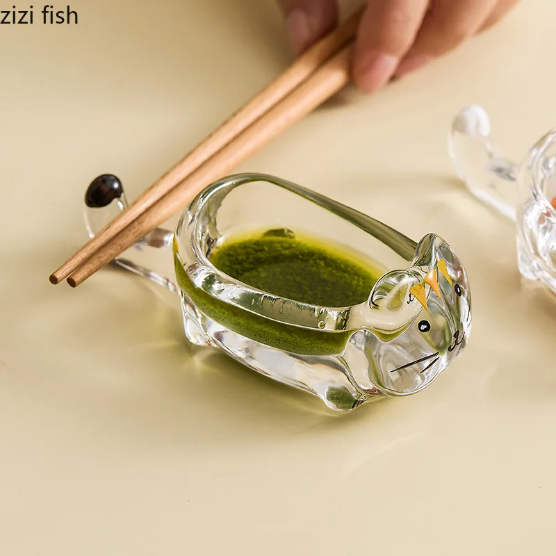 Cat Crystal Glass Seasoning Dish Dipping Saucer Sauce Dishes Chopstick Holder Soy Sauce Vinegar Dish Spice Dishes Spice Bowl