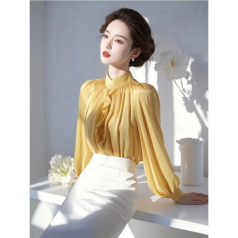 

Ladies Simplicity Elegant Ruffles Chiffon Long Sleeve Blouse Spring Autumn Temperament Pleated Solid Color Shirts Women Clothes