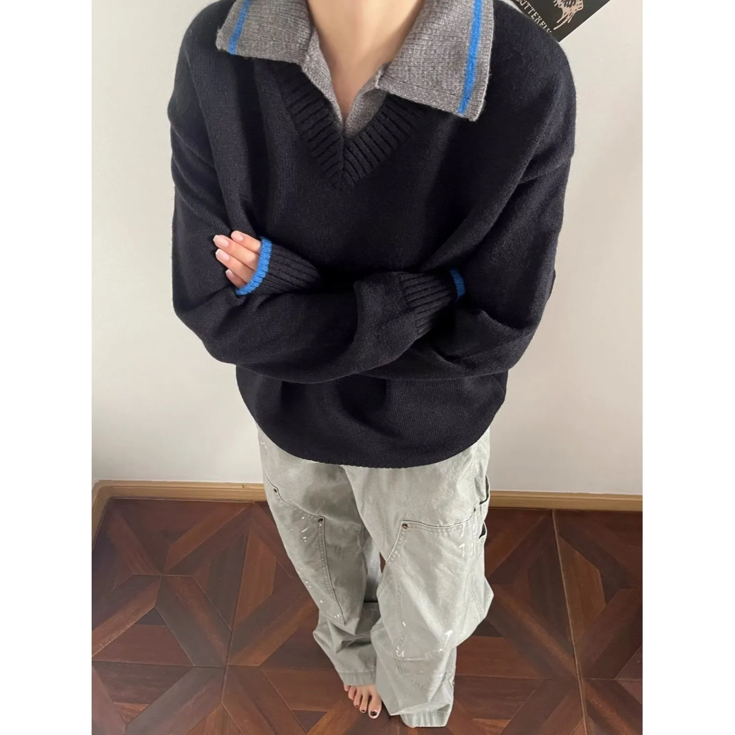 

Большие размеры 250 Pou, американский ретро-коледж, вязаный свитер с воротником CleanFit, верхняя одежда из дышащего полиэстера F...