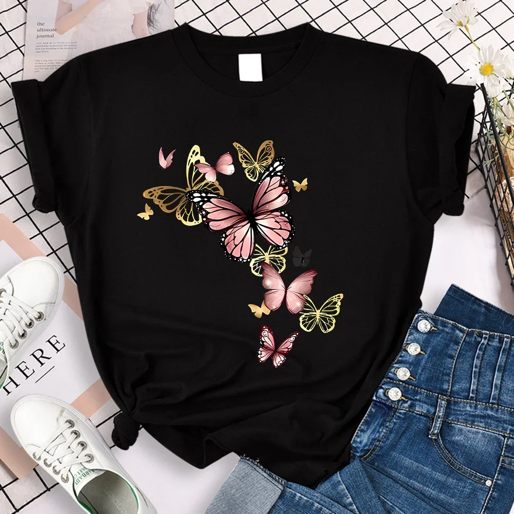 Gele vlinder grafisch T-shirt korte mouw crew casual zomer lente dameskleding top tee dameskleding