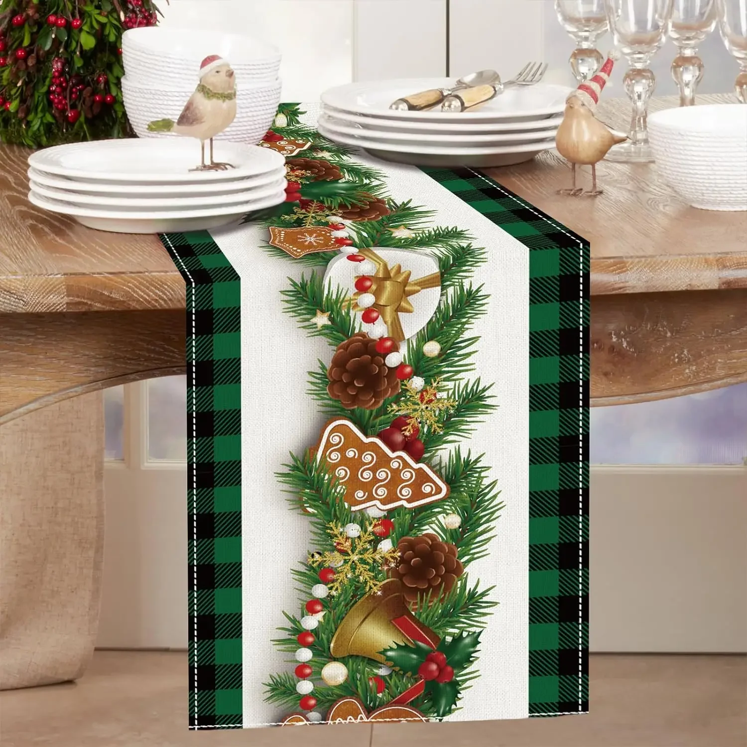 Christmas Pine Needles Gingerbread Plaid Linen Table Runner Party Decor Winter Xmas Dining Table Runners Christmas Decorations