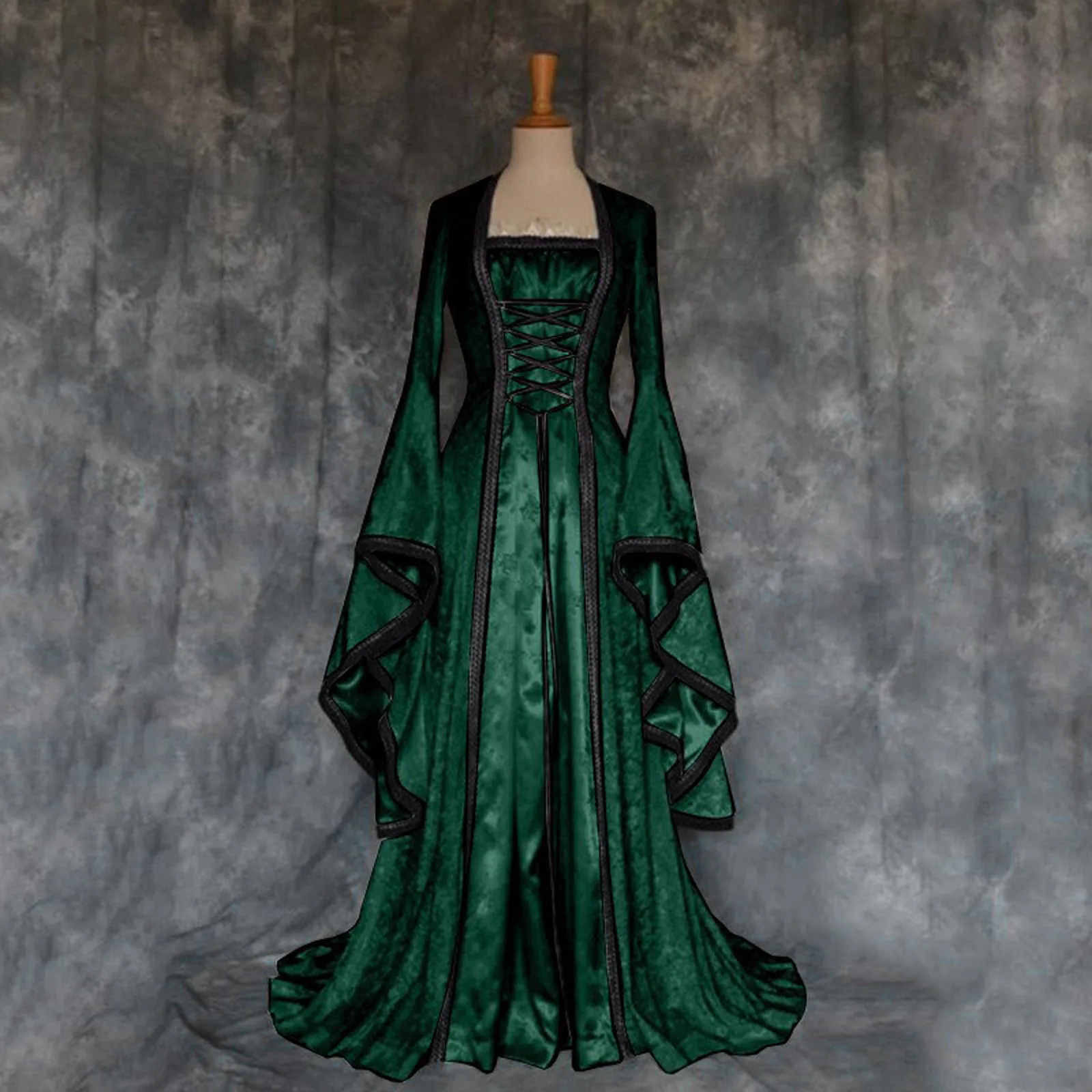 

Green Court Style Floor-length Long Dress Women's Vintage Big Swing Sleeve Halloween Medieval Renaissance Palace Maxi Dress