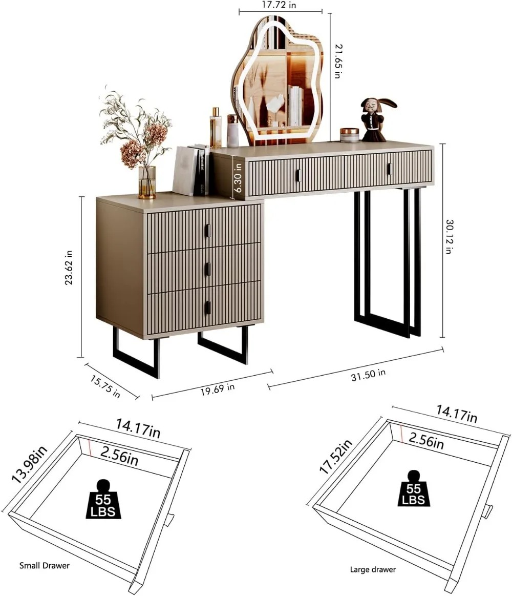 Makeup Vanity Desk with Cloud Lighted Mirror with Power Outlet and LED Strip, 3 Color Lighting Modes with Adjustable Brightness