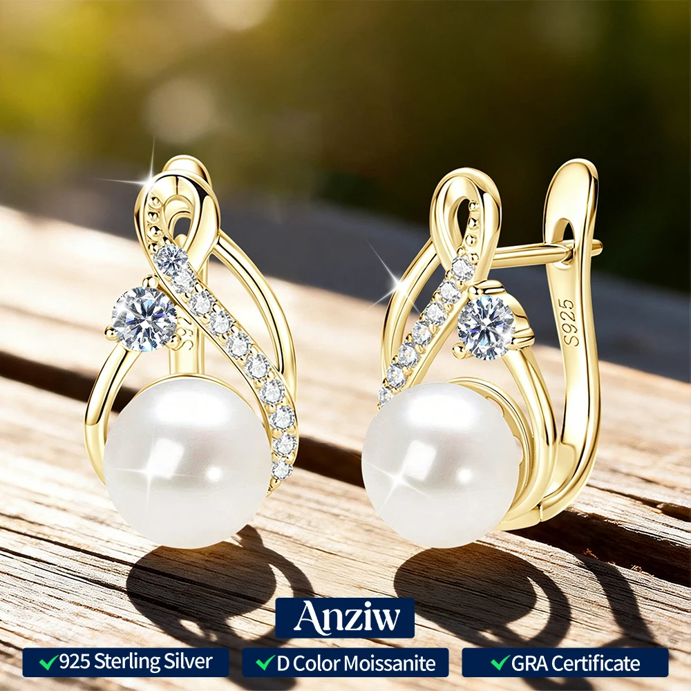 Anziw Vintage 7.5-8mm Freshwater Pearl Moissanite Hoops Earrings Silver 925 Sterling Wedding Engagement Jewelry for Women Gifts