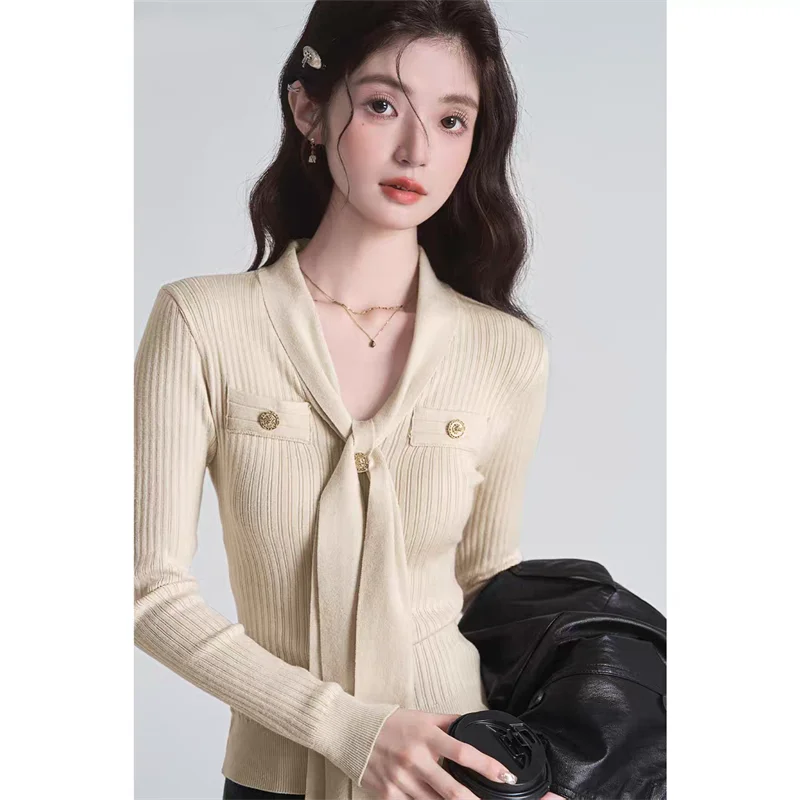 템퍼먼트 브이넥 긴팔 니트 스웨터 여성 슬림 캐주얼 타이 긴팔 탑 점퍼 풀오버