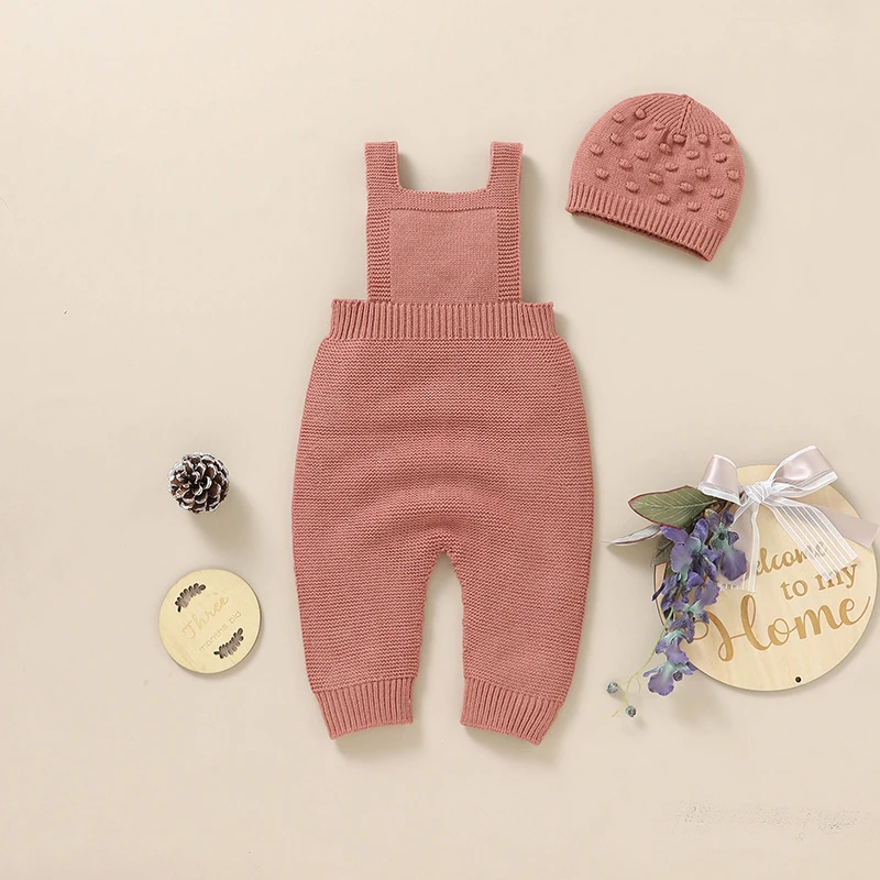 Baby Romper Knit Infant Girl Newborn Boy Jumpsuit Sleeveless Fashion Solid 3D Dot Toddler Clothes Hat 0-18M Overall 2pc Playsuit