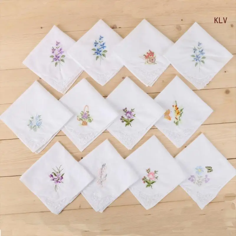 Ladies Cotton Embroidery Handkerchiefs Womens Soft Solid Candy Color Flowers Lace Edging Hankies for Wedding Party