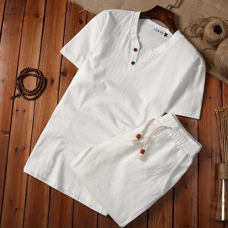 

(Shirt + Shorts)2023 Summer Fashion Short Sleeve Men Shirt Cotton Shirts 's Casual Elastic Waist Full Size M-5XL