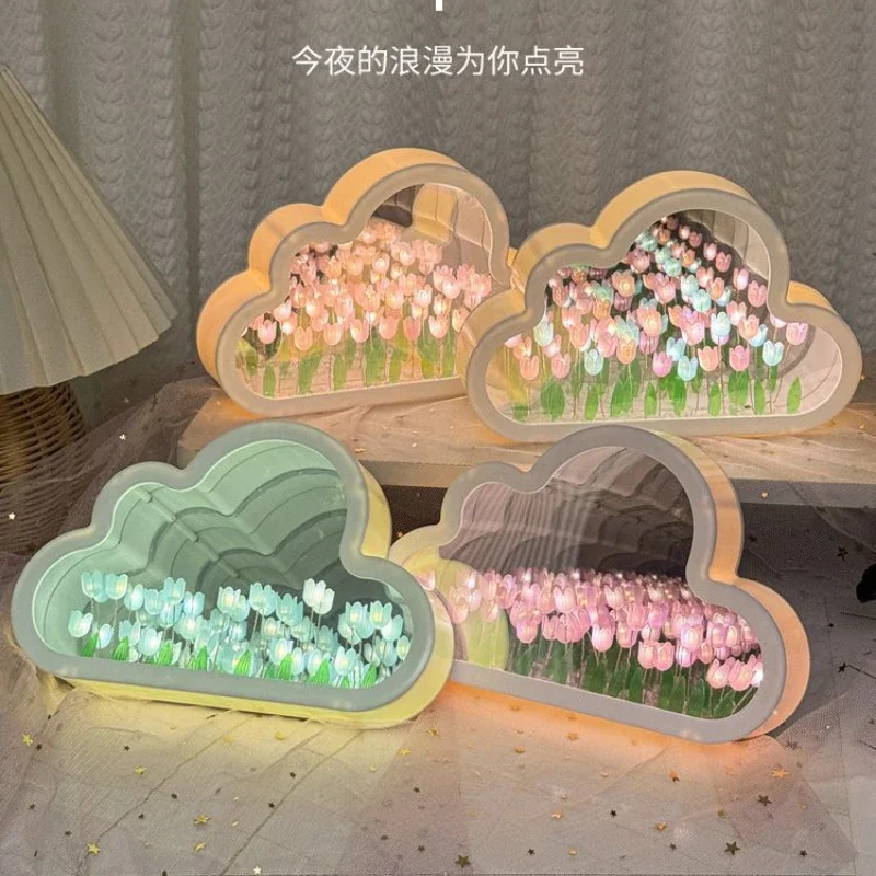 Cloud Tulip Night Light Handmade DIY Material Flower Home Decor Mirror Creative Atmosphere Lamp Birthday Gift Valentine's Day