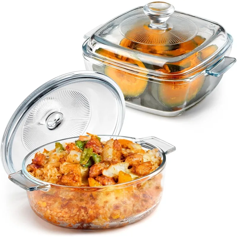 Mini Glass Casserole Dish Set with Lid Oven Safe Casserole Dish Set 2Pack (5.9in Square+6in Round),Glass Microwave Bowl With Lid