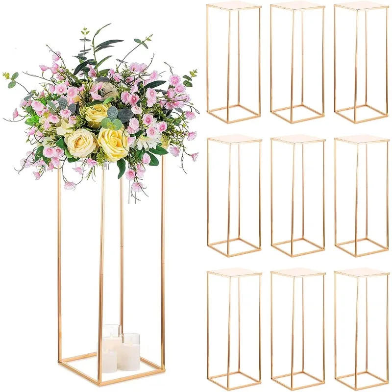 Floor Vase Tabletop Ornaments - 10 Pieces Metal Column Geometric Flower Stand with Plate 31.5 Inch Gold