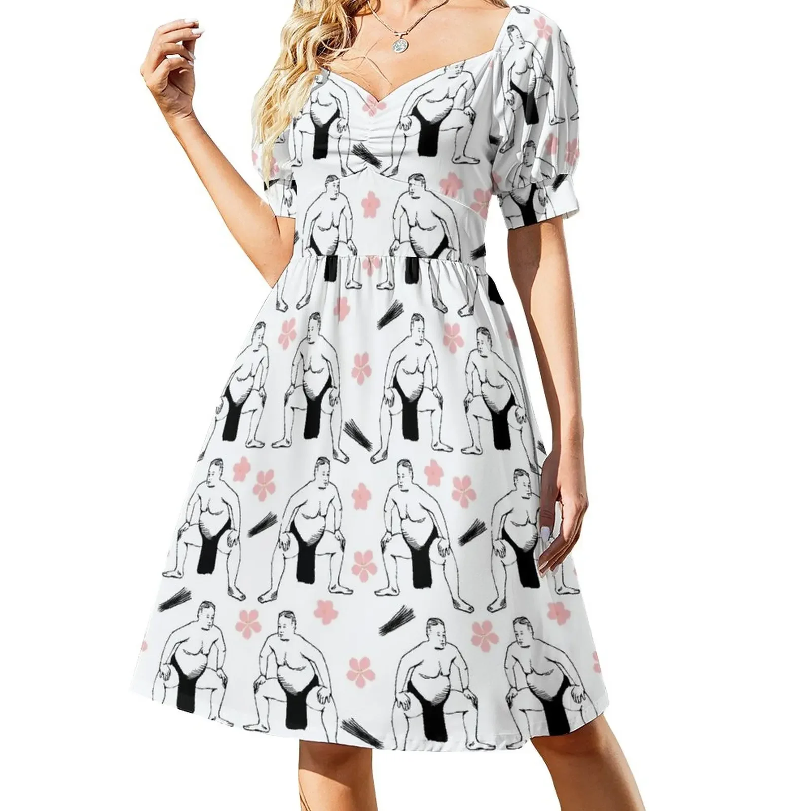 

Sumo and Cherry Blossoms Short-Sleeved Dress women long dresses Casual dresses Dress