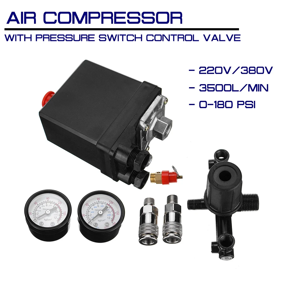 240V/380V Switch AC Regulator Heavy Duty Air Compressor Pump Air Pump Control Valve with Gauge Pressure Control 7.25-125 PSI