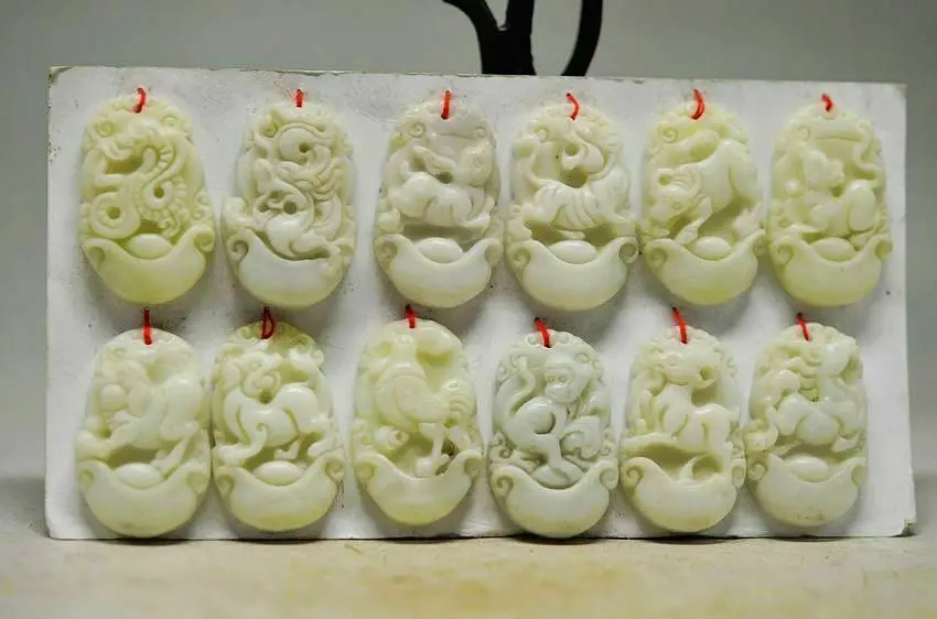 

Chinese 100% Hand Carved Natural Lantian Jade Set 12 Zodiac Pendant