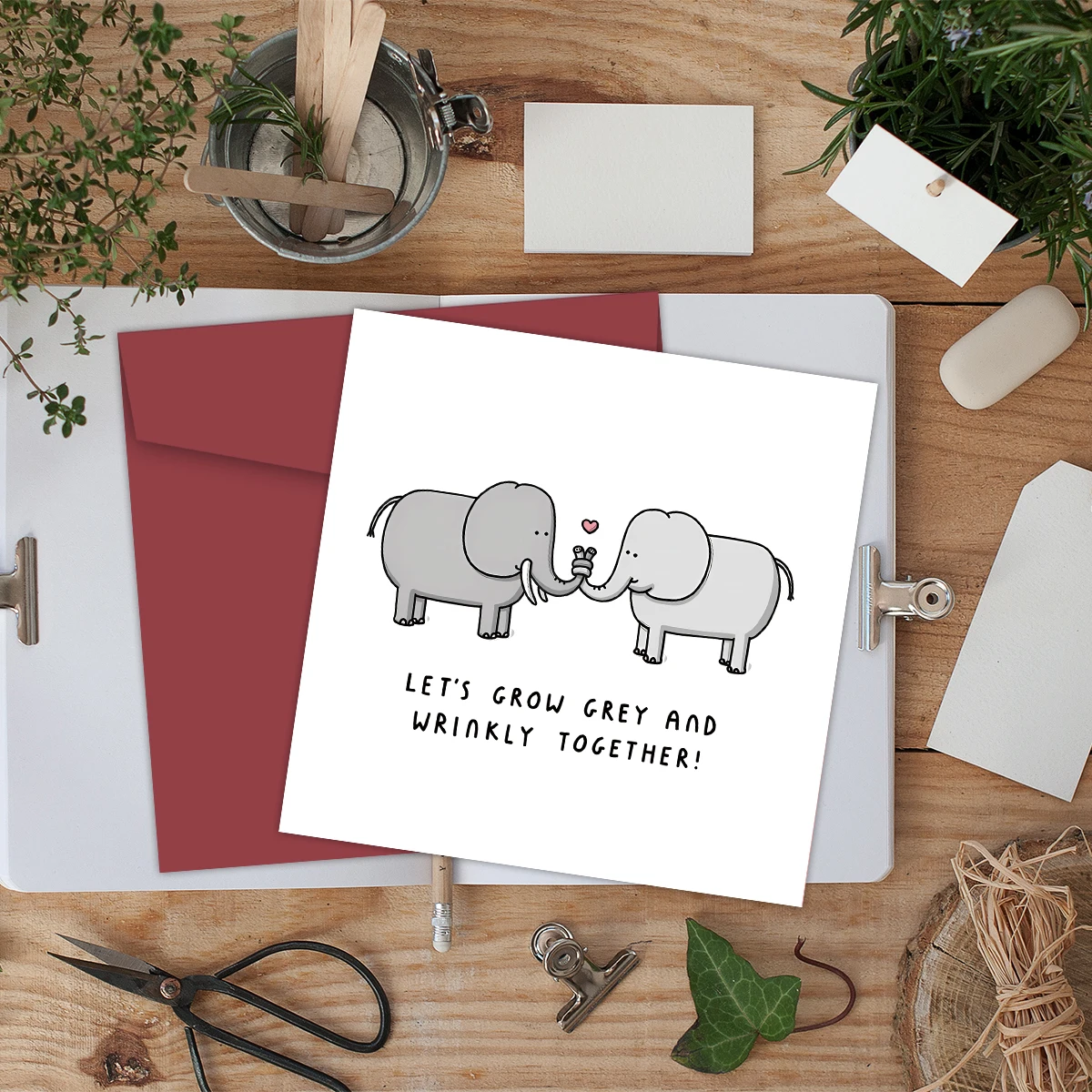 1PC Cute Elephant Pun Anniversary Card with Envelope, Let's Grow Grey And Wrinkly Together Card Writable Funny Anniversary Card