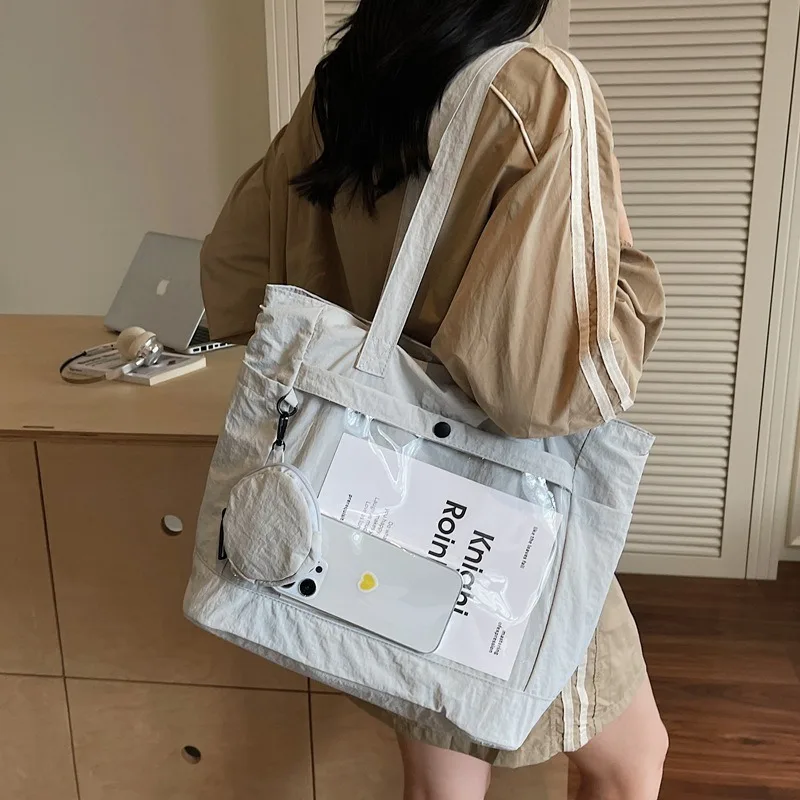 

Korean Women Shoulder Tote Bag Nylon Transparent Handbags for Woman 2025 Large Student Shopper Book Bags Fabric Girls Bolsas