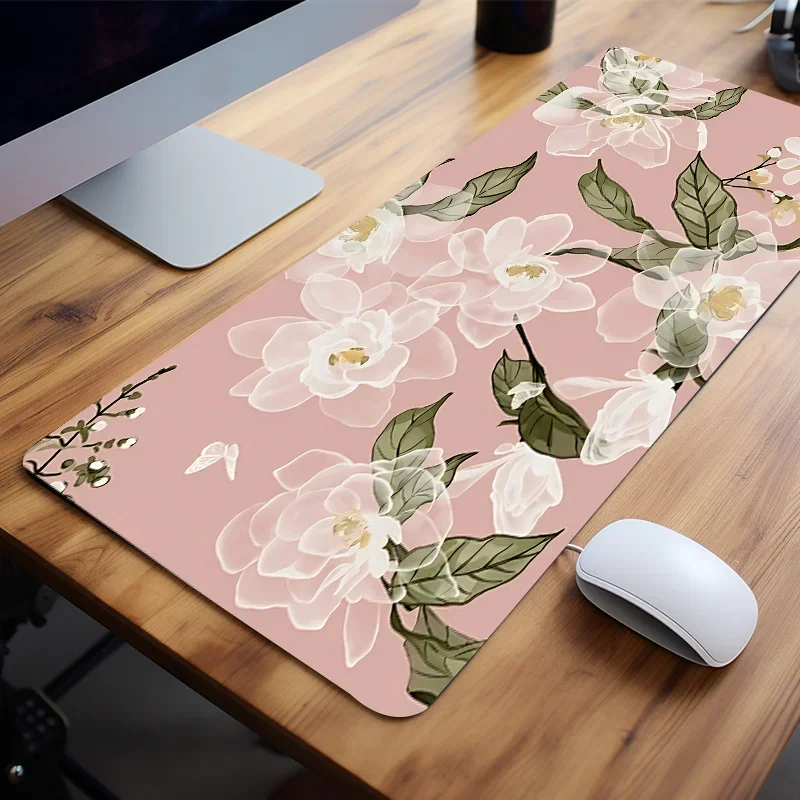 

Pink Background with White Flowers Large Gaming Mouse Pad Office Desk Mat Computer Keyboard Pad Non-slip Gifts for Girls Friends