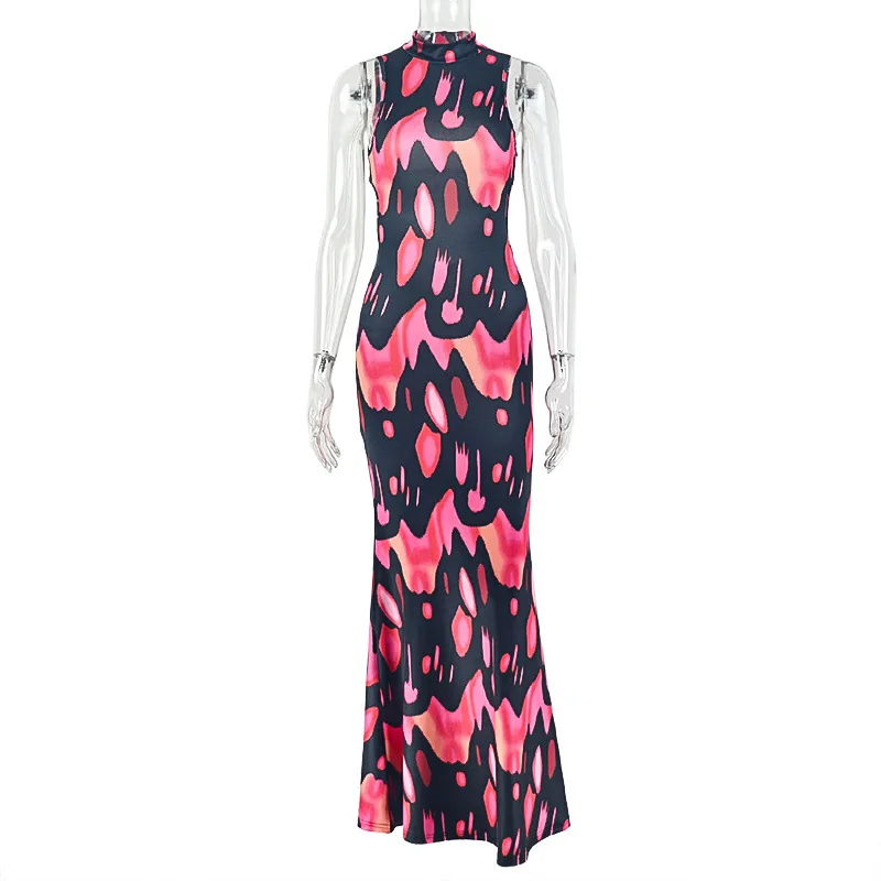 

2026 Summer New Printed Women's Slim Fit and Slimming Skirt with A Sexy Chest Hugging Hollow Out Long Dress